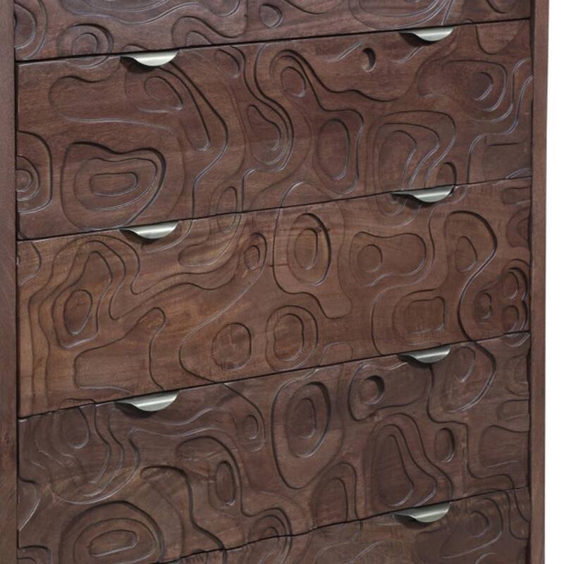 HomeRoots 35" Brown Carved Abstract Solid Wood Five Drawer Dresser