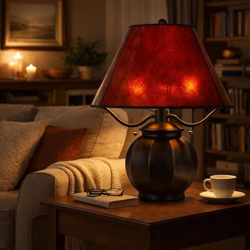 20 Inch Table Lamp, Vintage Red Amber Mica Shade, Upturned Arms, Round Body