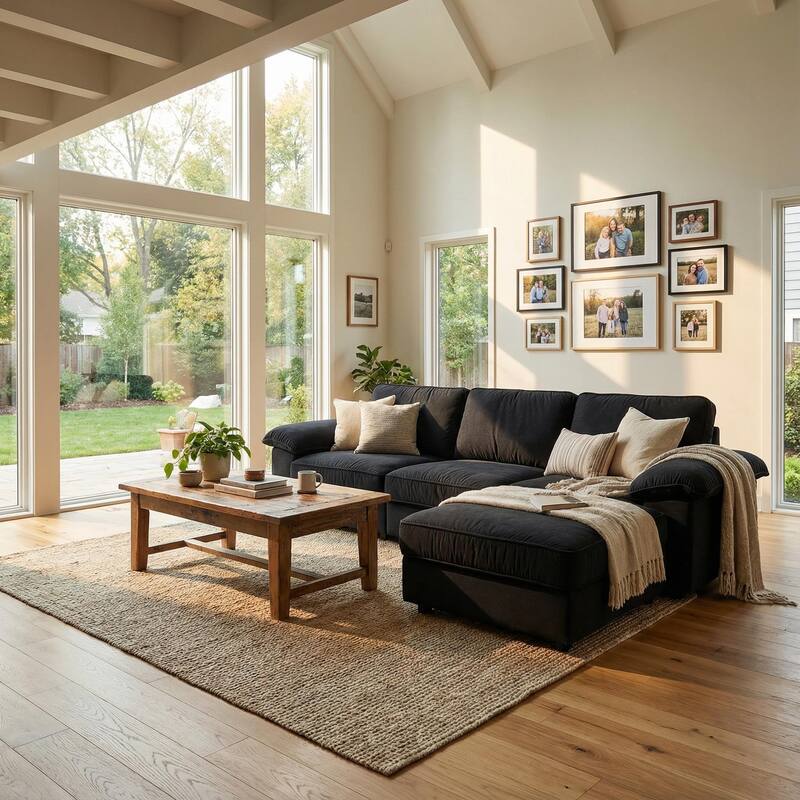 Upholstered L-Shaped Sectional Sofa Couch with Ottoman, Modern Fabric Deep Seat Sofa