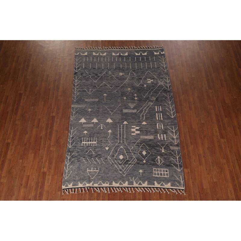 Gray & Blue Moroccan Area Rug Hand-Knotted Wool Carpet - 6'1"x 9'5"