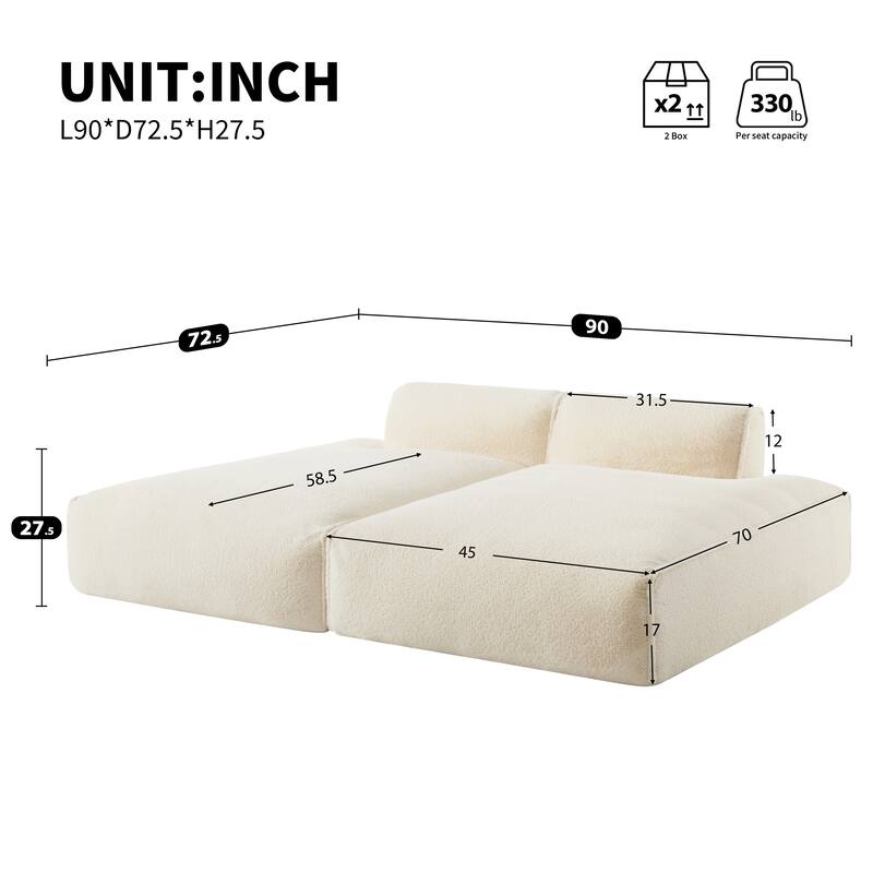 90" Plush Fabric Modular Sectional Sofa with High-Density Foam & Pocket Springs,and 2-Piece Fully Compressed Design