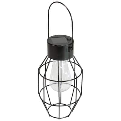9.5" Black Geometric Oblong Outdoor Hanging Solar Lantern with Handle - 9.5
