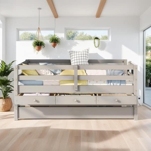 slide 2 of 17, Elegant Low Loft Bed Twin Size with Trundle, Full Safety Fence, Climbing ladder and Storage Drawers, Solid & Sturdy, Grey Grey
