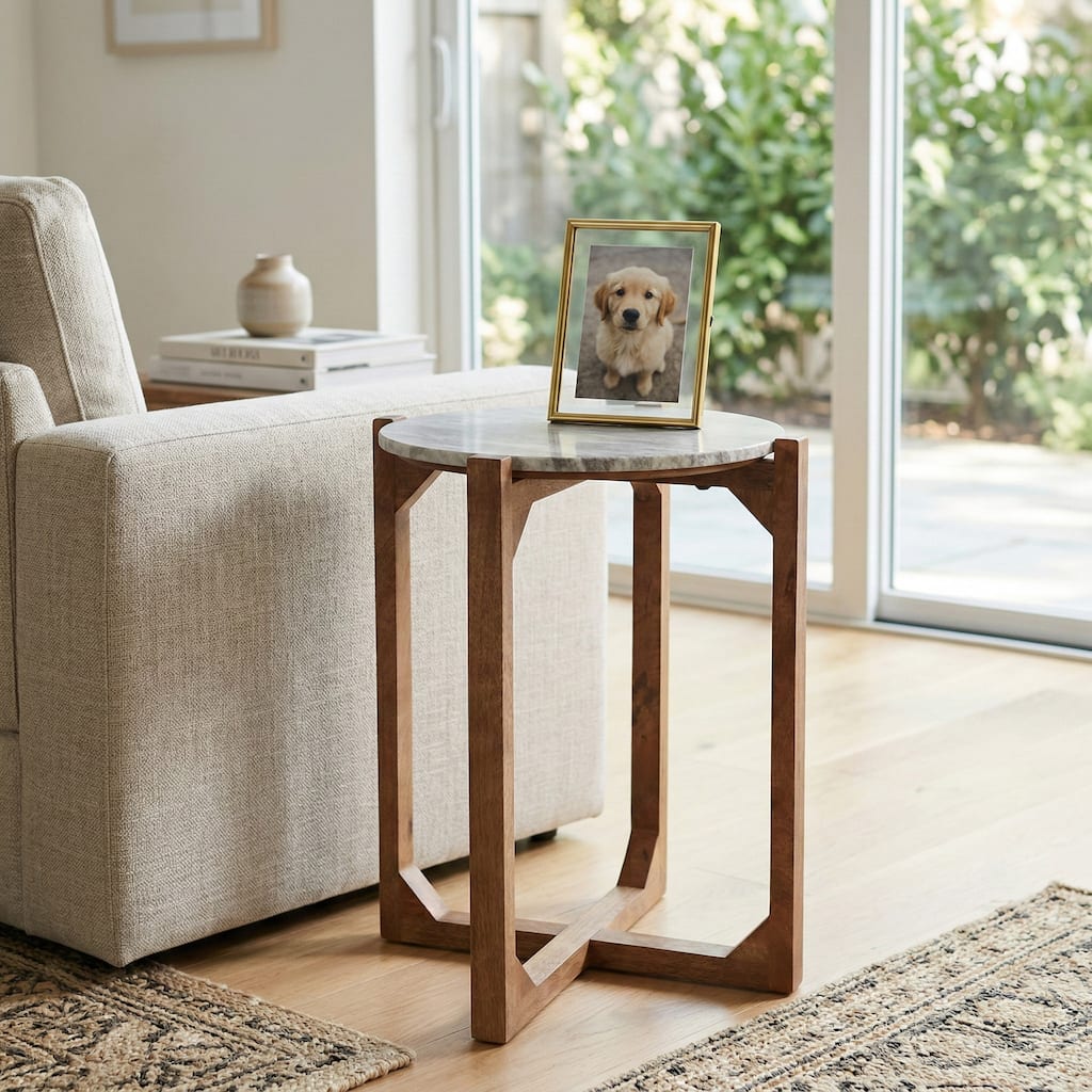Modern Marble Top Accent End Table with Wood Base - 22.0"
