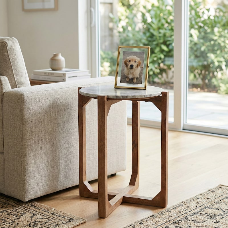 Modern Marble Top Accent End Table with Wood Base - 22.0"