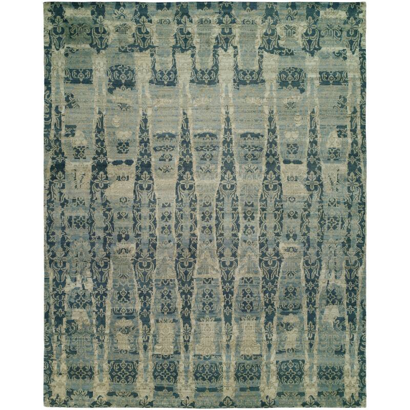 Modern Blue Hand-Knotted Wool & Viscose Area Rug - 9' x 12' - Blue