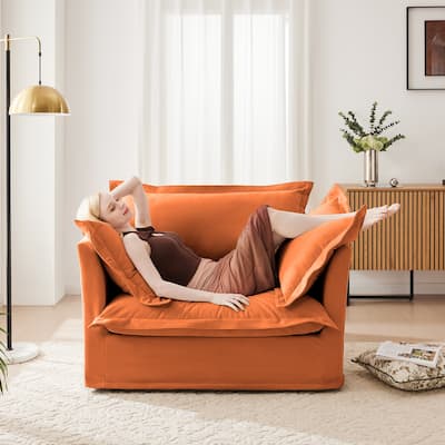 Slip-covered Armchair with Cushions and Pillows, Chenille, Orange