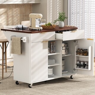 52" Fluted Kitchen Island with Drop Leaf & 2 Doors, Rolling Kitchen ...