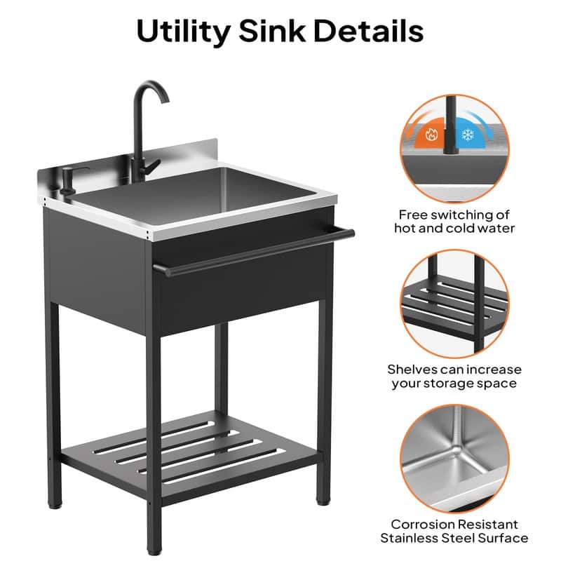 25.7 In. Freestanding Stainless Steel Utility Sink With Towel Rack And Storage Shelf