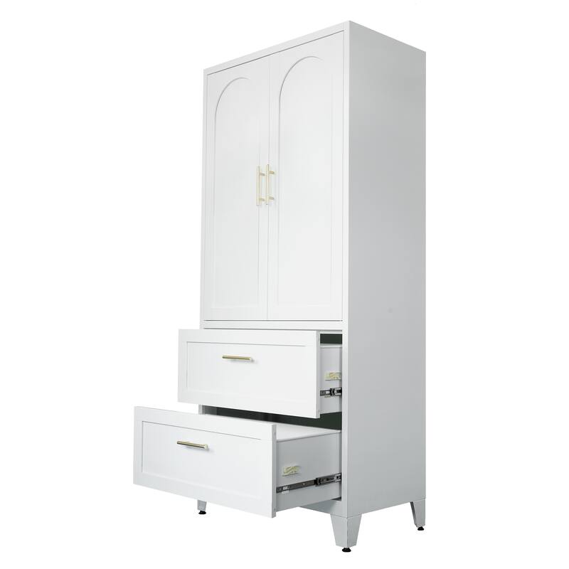 Rossetta 71" Tall Space-Saving Design Metal White Wardrobe Cabinet with Adjustable Shelf and Hanging Rod, Drawers
