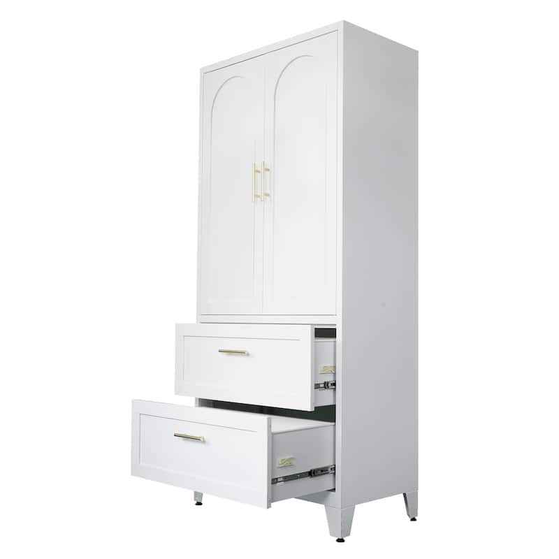 White Metal Wardrobe Closet with 2 Drawers and Hanging Rod, 71" Tall Bedroom Armoire Clothes Storage Cabinet with Shelf