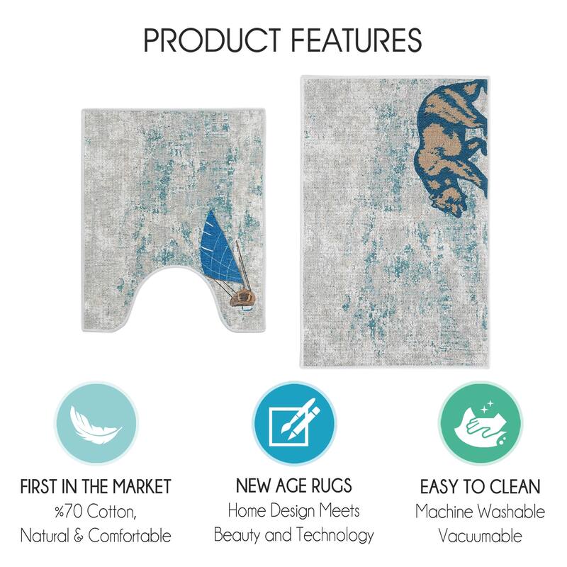 Toilet Mat Set - 2-Piece Designer Print Bathroom Contour Rugs Combo - Non Slip, Soft Cotton & Absorbent Floor Carpets