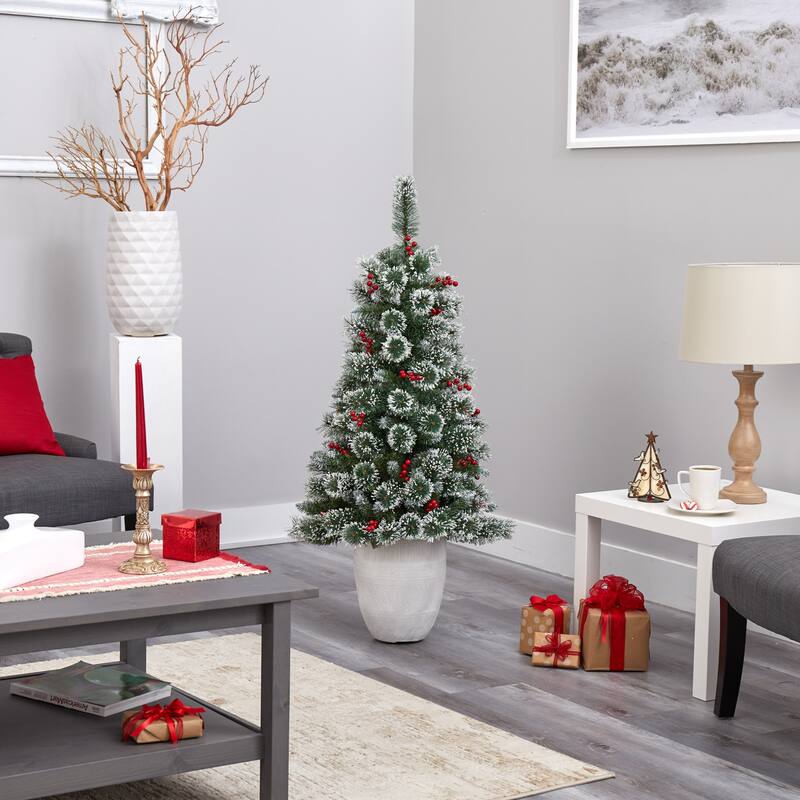 50" Frosted Swiss Pine Artificial Christmas Tree with 100 Clear LED Lights and Berries in White Planter