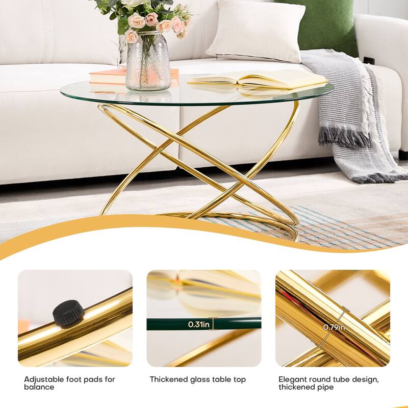 Tempered Glass Top Round Coffee Table with Metal Base - 31.5"Dia Top x 17.7"H x 23.6"Dia Base