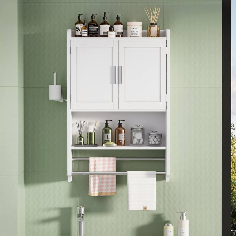 VECELO Bathroom Wall Cabinet Over Toilet Storage Cabinet Medicine Cabinet Space Saving with 2 Doors Open Shelves Towel Bars