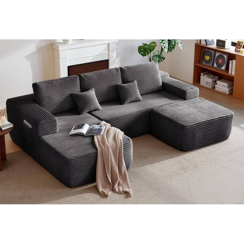 104'' L-Shaped Modern Modular Sectional Sofa with Moveable Ottoman - Grey - Right Facing