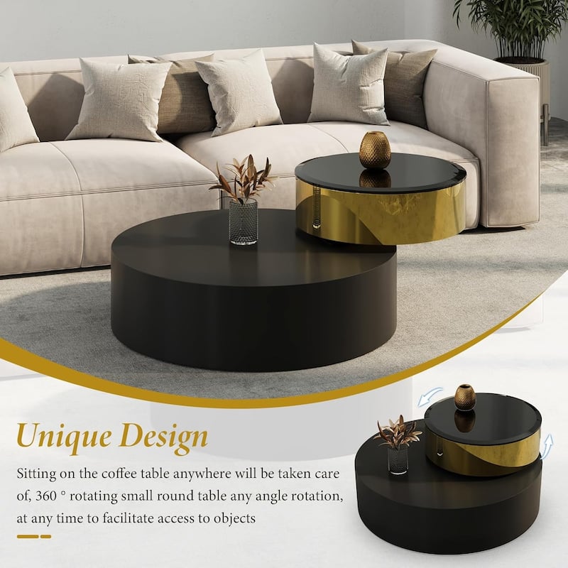 Luxury Round Coffee Table with 2 Tier Rotatable Top Circle Coffee Table with 360° Swivel Top for Living Room Apartment