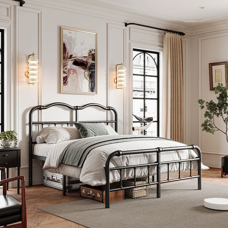 Heavy-Duty Anti-Wobble 14 Inch Bed Frame With Wavy Art Headboard, No Needed Box Spring
