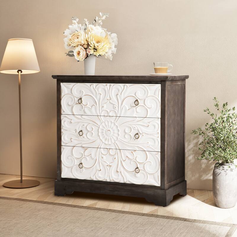 Vintage 3 Drawer Dresser, Wide 3 Chest of Drawers - Dark Gray and Washed White