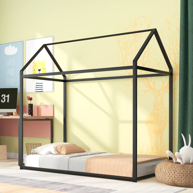Metal House Bed Frame Twin Size, Heavy Duty Metal Kids Floor Bed Frame with Slat Support, Adjustable Height