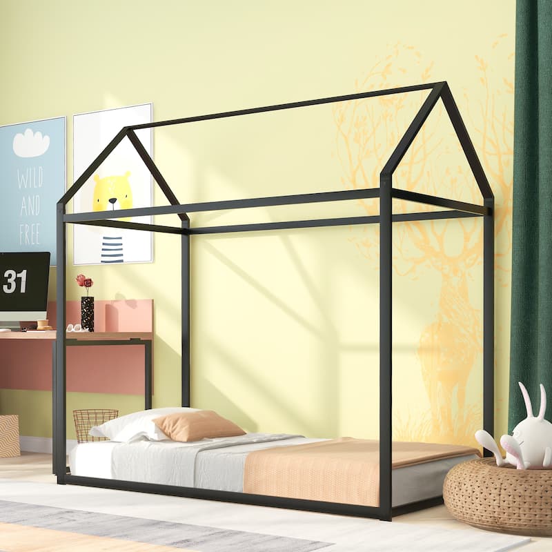 Twin Size Metal House Bed for Kids, Floor Bed Frame with Slats