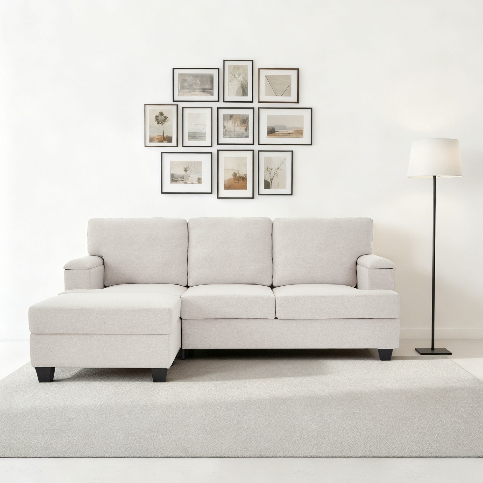 Modern Minimalist L-Shaped Linen Upholstered Sectional Sofa with Under-Seat Storage and Armrest Storage