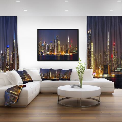 Designart 'New York Skyline at Night' Cityscape Photo Framed Canvas Print