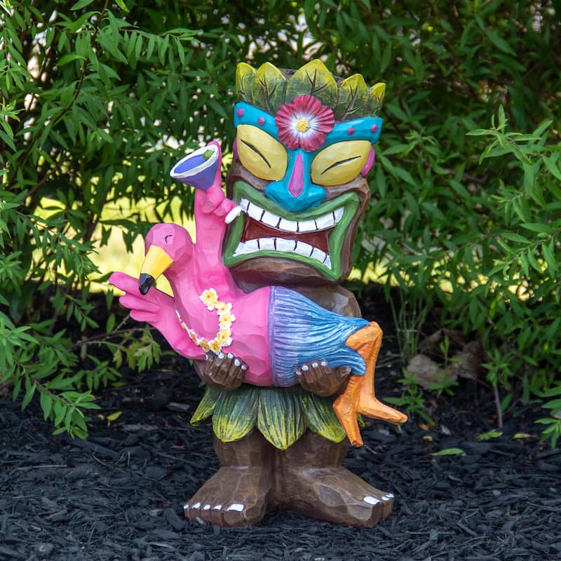 15" Solar Lighted Polynesian Outdoor Garden Tiki with Flamingo Statue