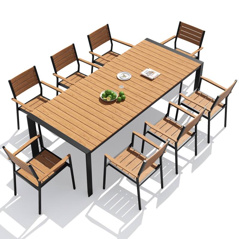 9-PCOutdoor Patio Dining Set WoodLike Table Top Aluminum Rectangular Umbrella Hole Table with Stackable Armrest Dining Chairs