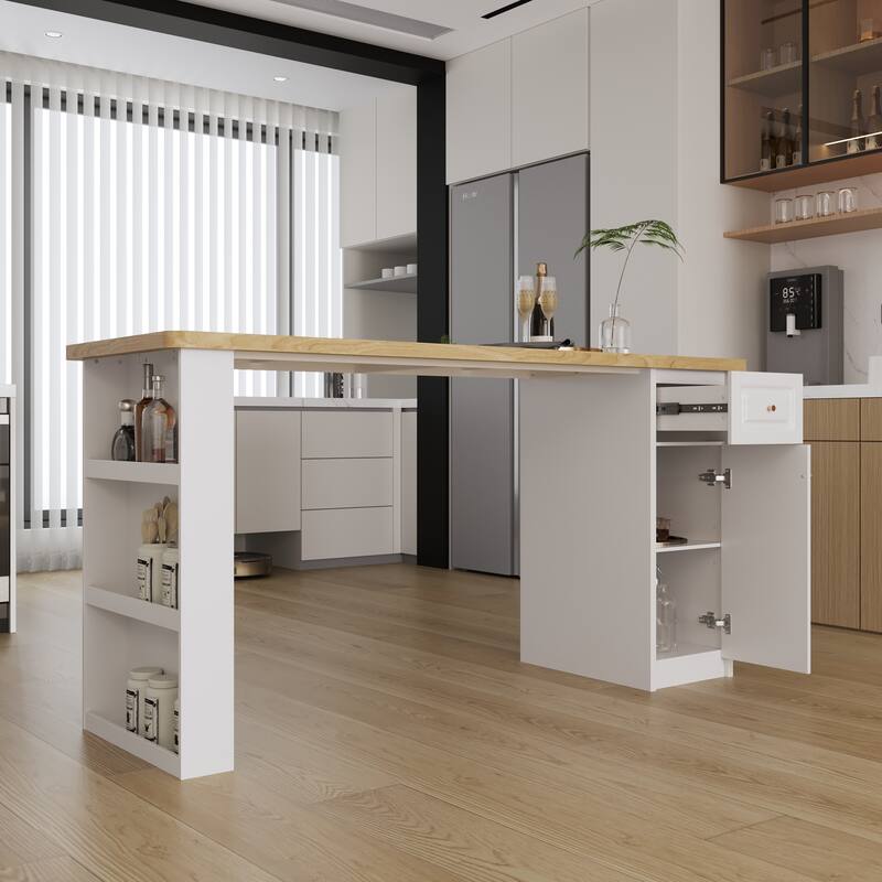 Work Table with Storage Cabinet,Natural Wood Top Kitchen Island Small Ding Table - N/A