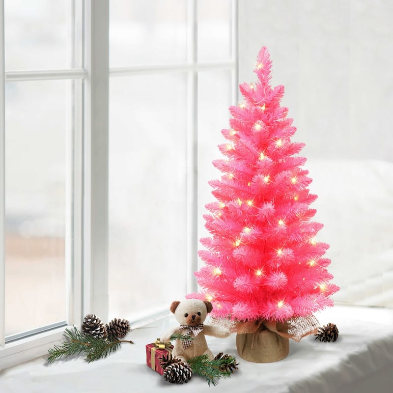 3' Potted Pink Pine Slim Artificial Christmas Tree, Clear Lights - 3 Foot
