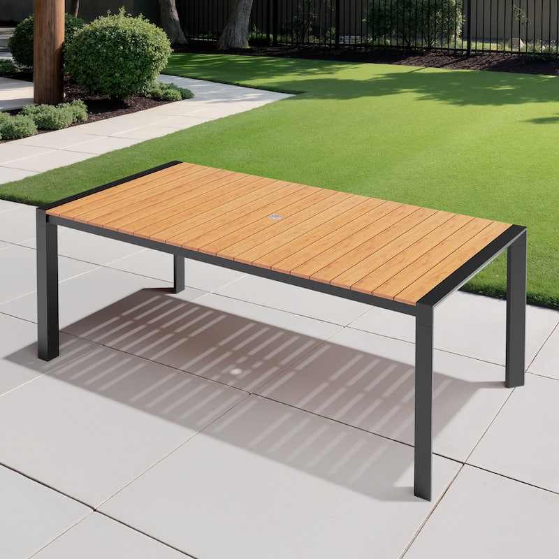 Outdoor Aluminum Patio Dining Table with Umbrella Hole - Brown - 83.86 inches long
