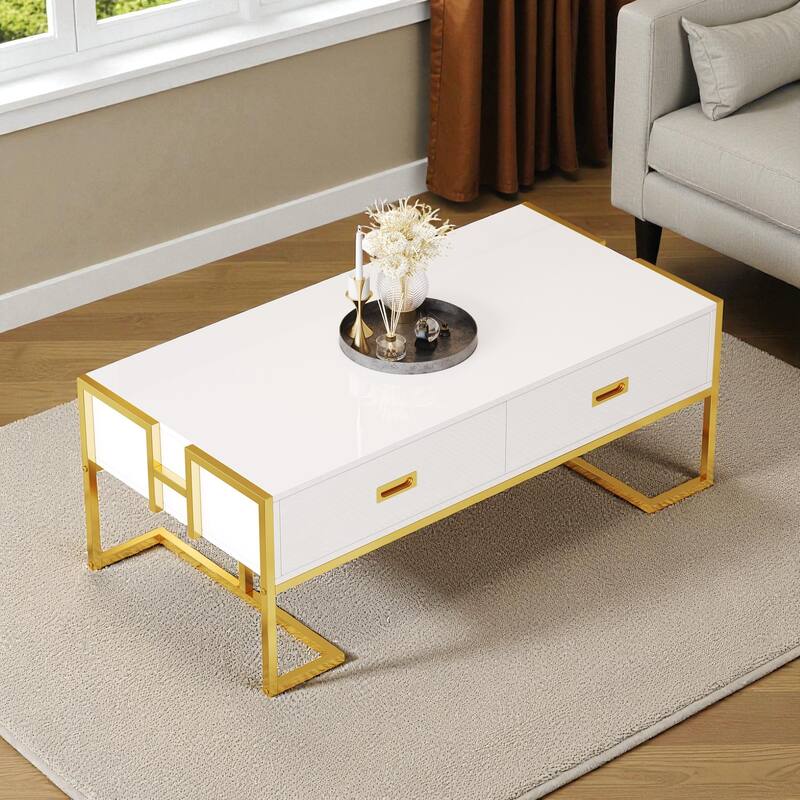 47.3'' Modern Rectangular Coffee Table with 4 Storage Drawers and Gold Metal Base for Living Room