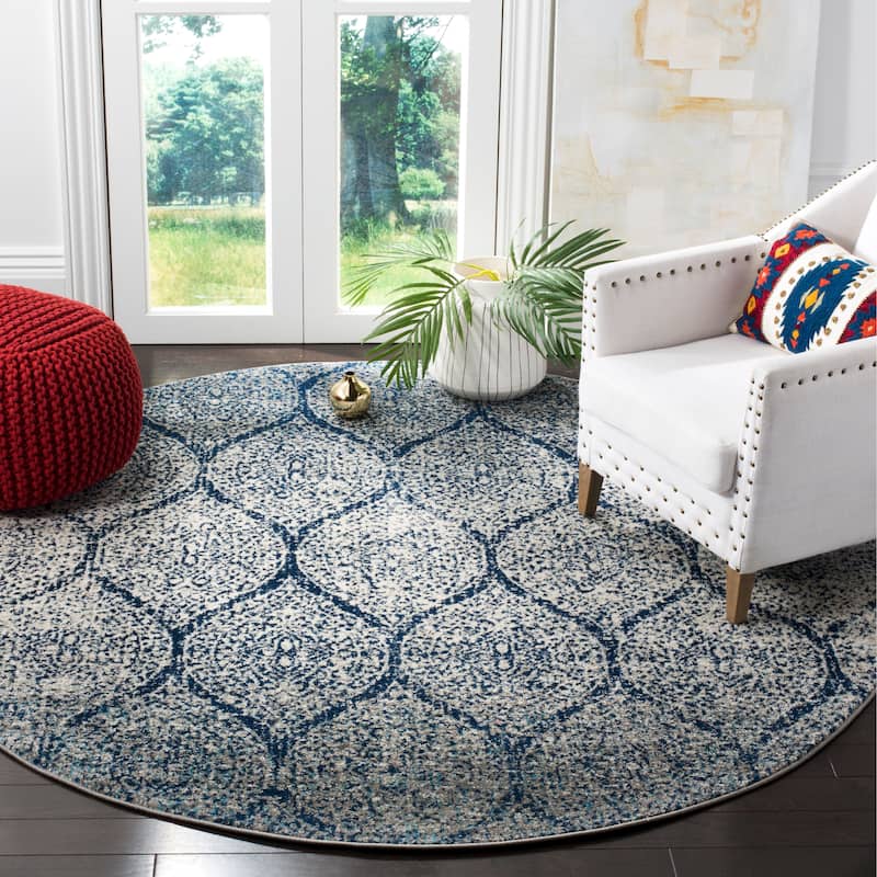 SAFAVIEH Madison Gesa Boho Chic Ogee Trellis Rug - 10' x 10' Round - Navy/Silver