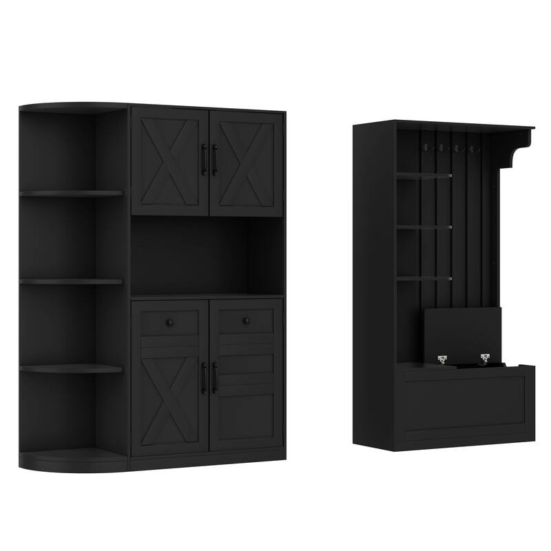 Multifunctional Left-Right Combination Hall Cabinet With Storage And 4 Hooks, Storage Cabinet/ Hall Tree 2 In 1
