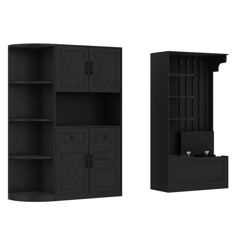 GDFStudio - Jill Versatile Left-Right Combination Hall Cabinet with 4 Hooks and Hall Tree 2-in-1