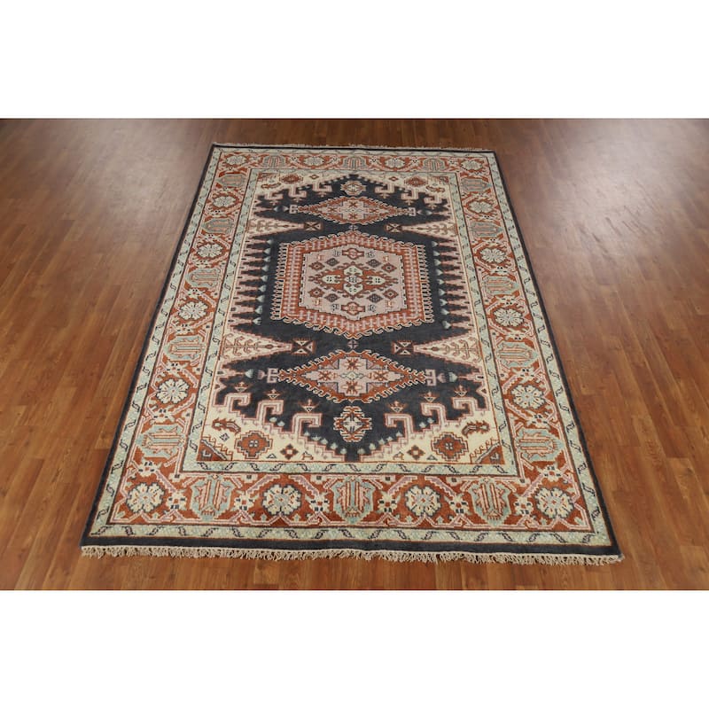 Geometric Viss Indian Area Rug Handmade Wool Carpet - 6'0" x 8'10"