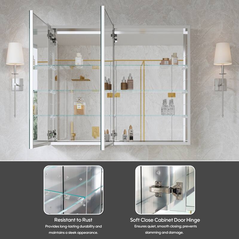 36''W X 30''H Recessed Or Surface Wall Mount Bathroom Medicine Cabinet With Adjustable Glass Shelves