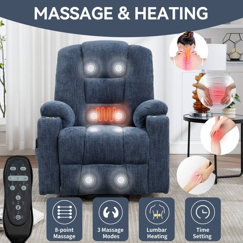 Large Power Lift Recliner with Massage & Heat - Heavy Duty Wide Recliner Chair for Elderly, USB/Type-C Charging, Cup Holders