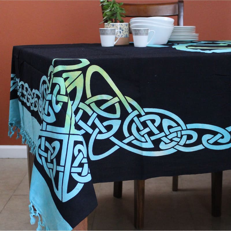 Celtic Tie Dye Trinity Knot Heavy Cotton Tablecloth - 70 x 104 in - Blue