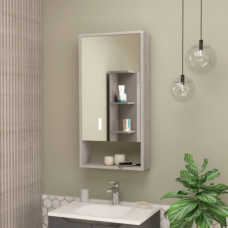 Rectangle Medicine Cabinet with Mirror, 1 Door, 1 Interior Shelf, 35.4" H x 17.9" W, Modern Storage Solution - 17.9X5.6 in - Light Gray + Particle Board