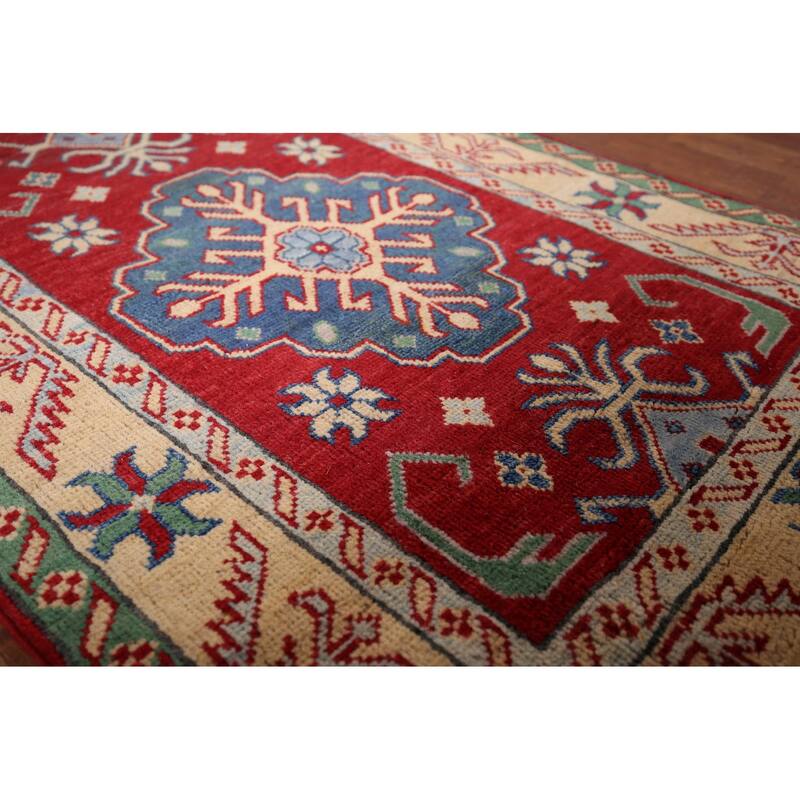 Geometric Red Kazak Oriental Runner Rug Handmade Wool Carpet - 2'6" x 16'0"
