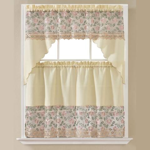Yuri 3-piece Floral Embroidered Kitchen Curtain Set with Swag Valance - 3-Piece