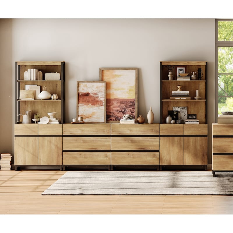 WAMPAT Modern TV Stand with 3 Tiers Bookshelf, Farmhouse Entertainment Center with 2 Storage Cabinets and 6 Drawers