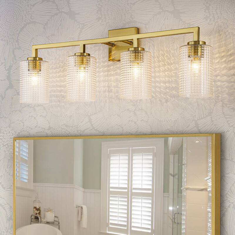 3/4-Light Modern Glass Wall Sconce Bathroom Vanity Light with Grid Glass Shades - 30.7" W x 11.02" H - Brass