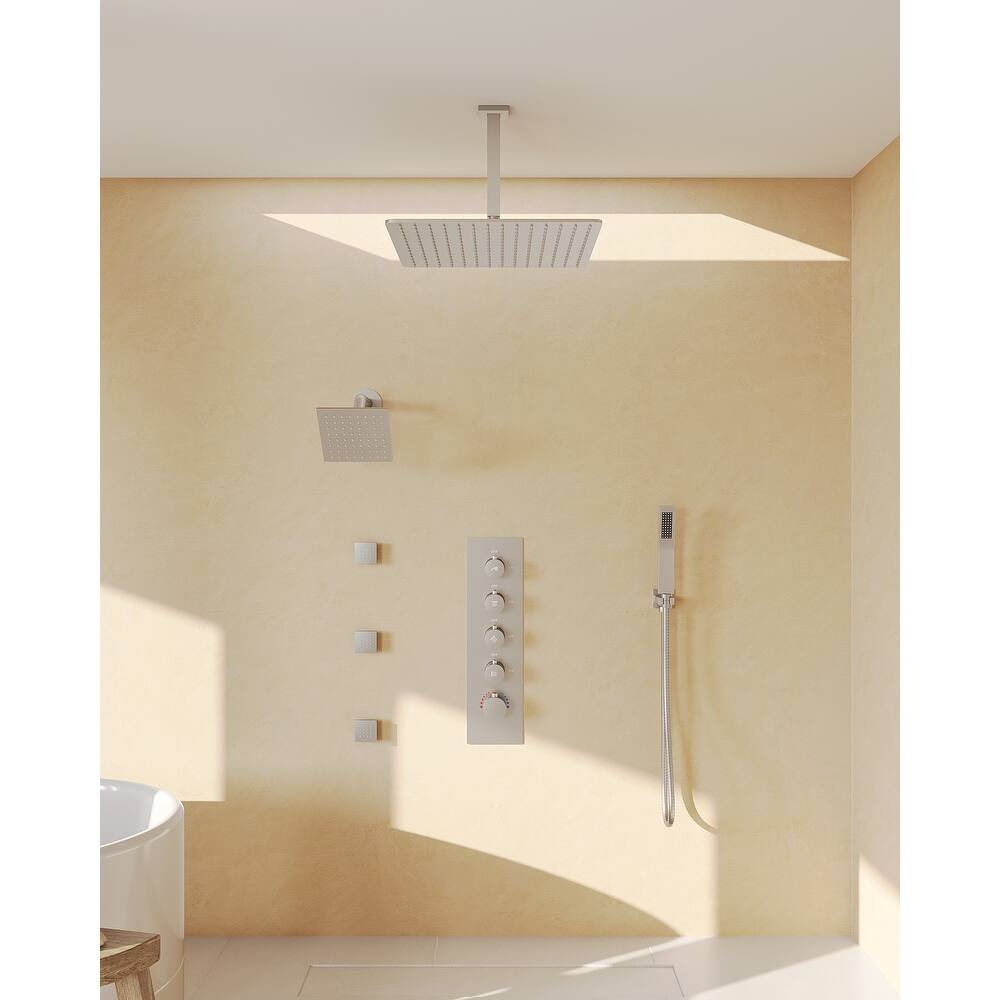 GRANDJOY Thermostatic Shower Faucet Set 16" Ceiling and 6" Wall Mounted Dual Shower Heads Handheld Shower Spray Body Jets