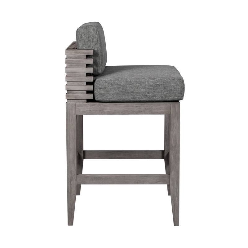 Hida 30 Inch Outdoor Patio Barstool Chair, Gray, Olefin Cushions, Wood