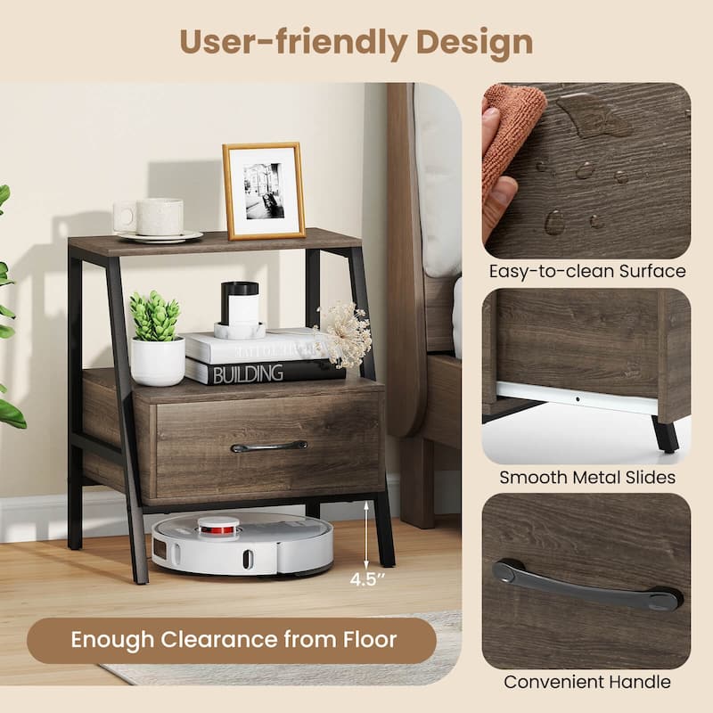 Costway 1/2 PCS Nightstand with Drawer Farmhouse 3-Tier Bedside Table