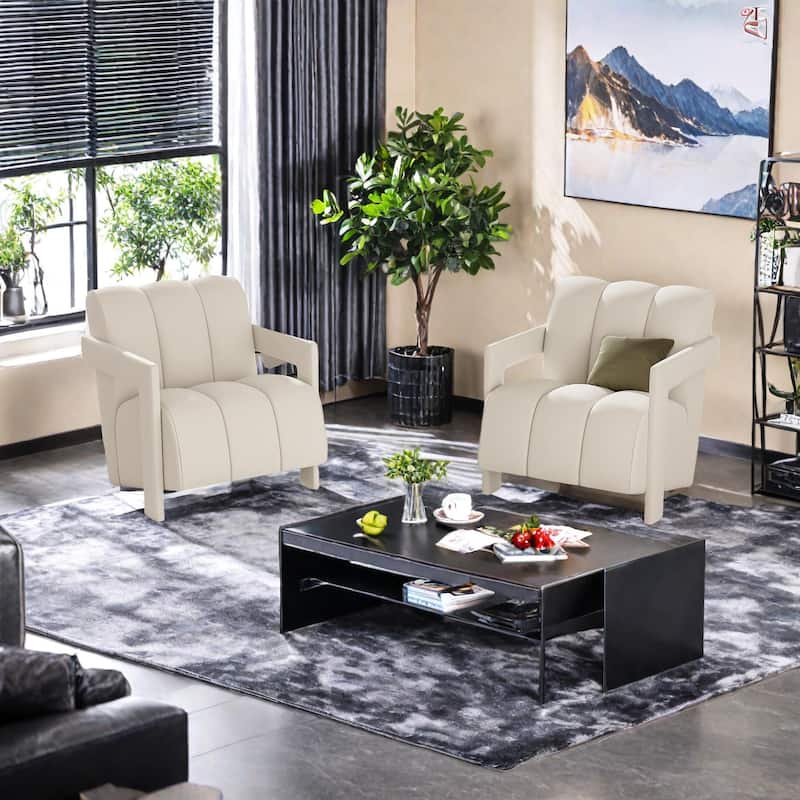 Polyester Modern Minimalist Armchairs Set of 2 with L-Shaped Armrests, Thick Cushioning, and Durable Fabric - White