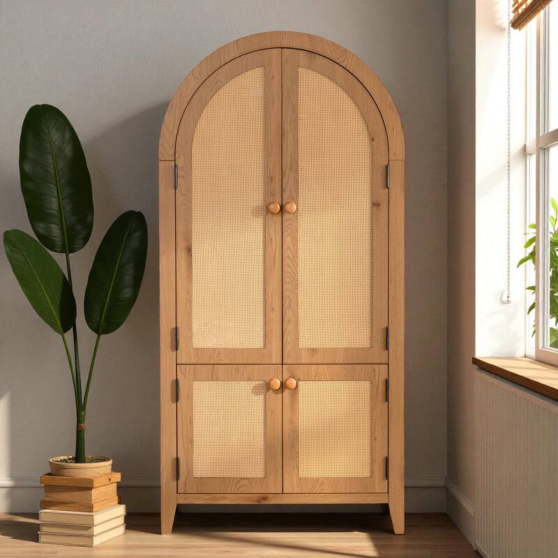 63" Arched Rattan Kitchen Pantry Cabinet with Doors, Adjustable Shelves & Wood Frame for Living or Dining Room - Natural